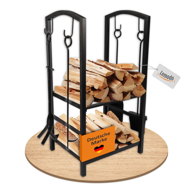 Kaminholzregal mit 4 teiligem Kaminbesteck, Metallregal, Brennholzregal Kaminholzregal mit 4 teiligem Kaminbesteck, Metallregal, Brennholzregal